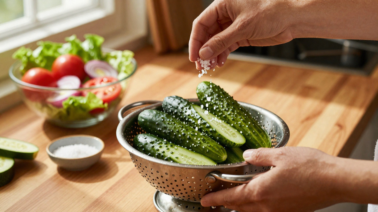 Mãos a salgar pepinos cortados num passador metálico na cozinha, com salada ao fundo na bancada de madeira.