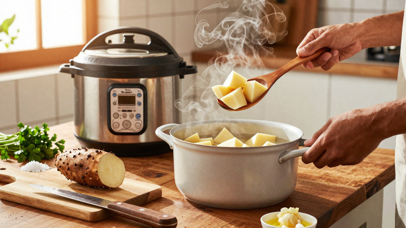 Mãos a cozinhar batatas num tacho a vapor com panela elétrica e ingredientes numa bancada de madeira.