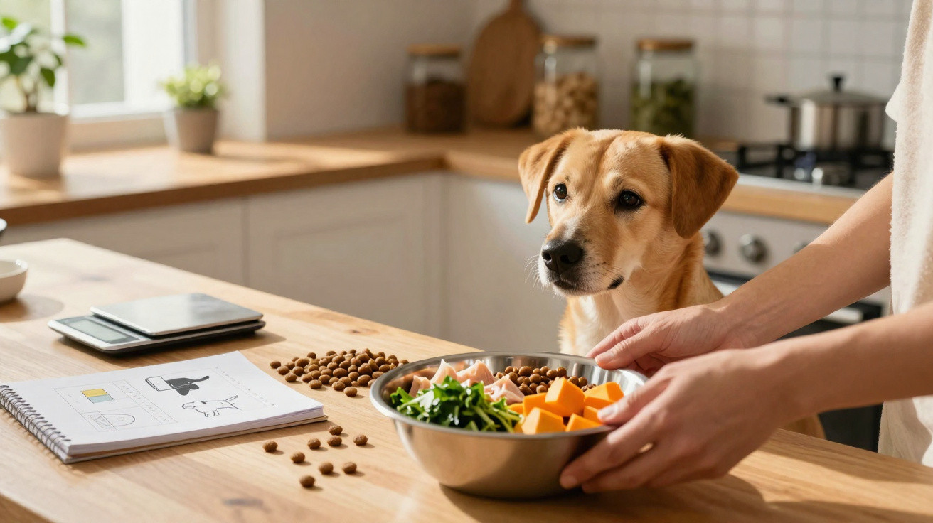 Cão observando pessoa a preparar uma taça de comida fresca para cães na cozinha iluminada.