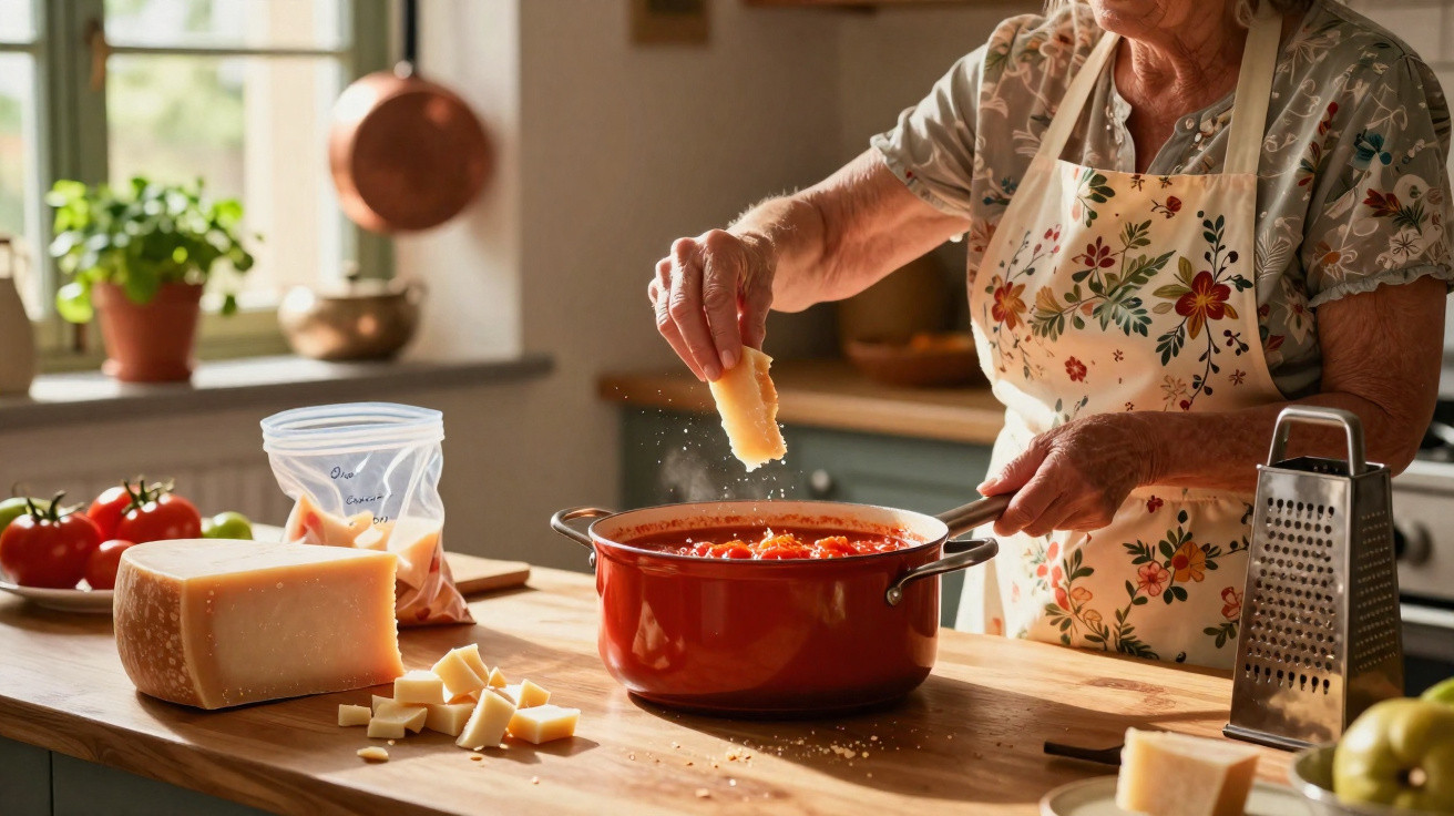 Pessoa idosa a ralar queijo sobre panela de molho de tomate na cozinha iluminada pela janela.