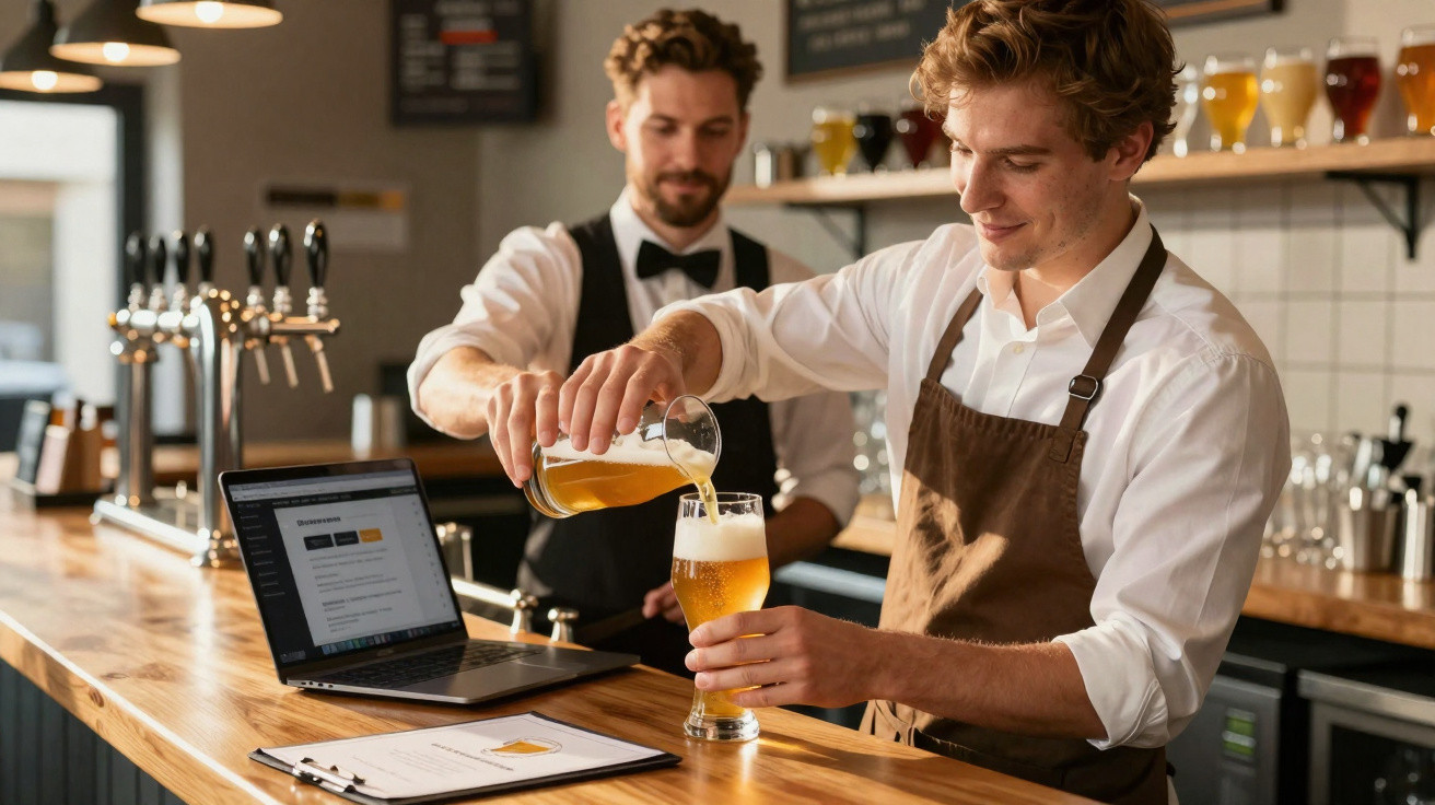 Dois bartenders a servir cerveja num bar moderno com computador portátil e clipboard na bancada de madeira.