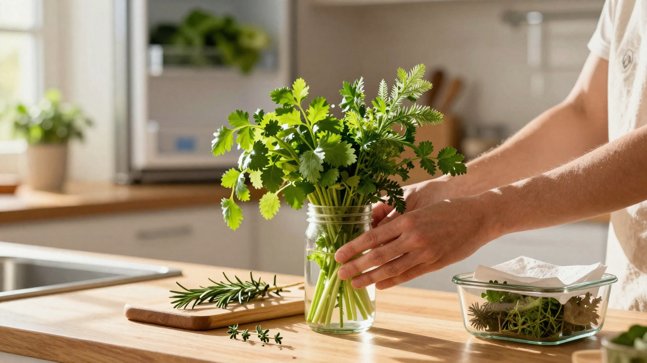 Mãos a colocar um ramo de coentros num frasco com água numa cozinha iluminada e organizada.