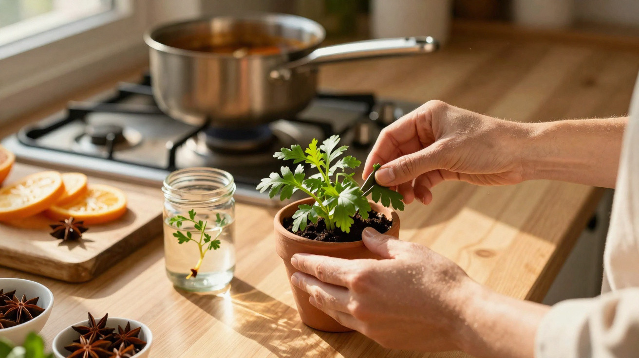 Mãos a cuidar de planta aromática em vaso numa cozinha com tacho ao fundo e especiarias numa bancada de madeira.