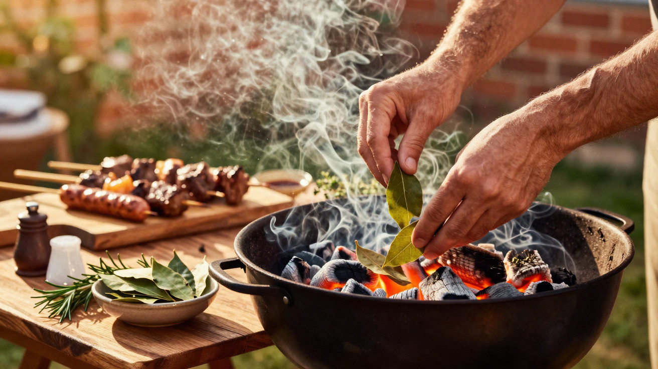 Mãos a colocar folhas num churrasco a carvão com espetadas e temperos ao lado numa mesa de madeira.