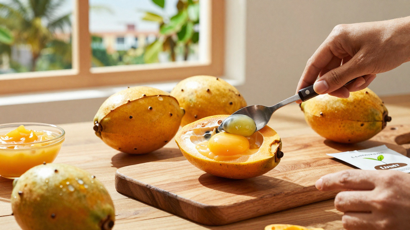 Fruta papaia aberta sobre tábua de madeira com mão retirando polpa com colher em ambiente iluminado.