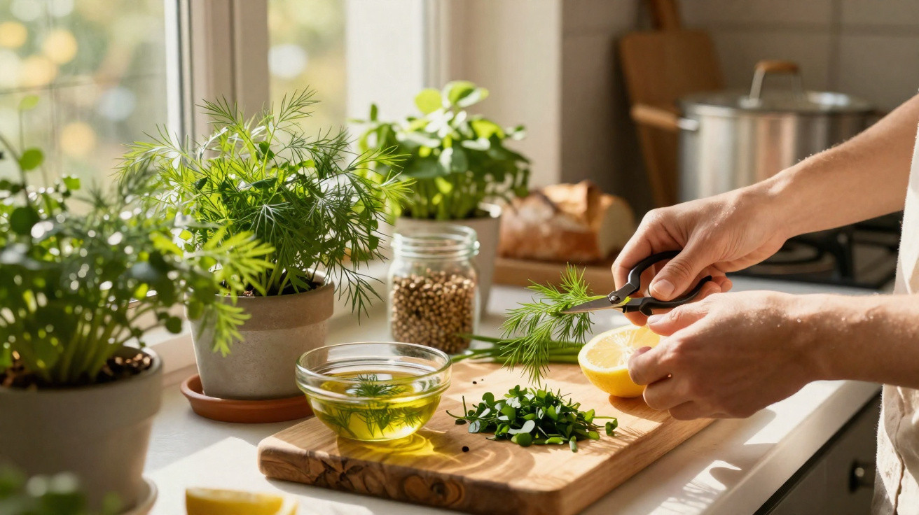 Pessoa a cortar ervas frescas numa tábua de madeira numa cozinha luminosa com plantas aromáticas.