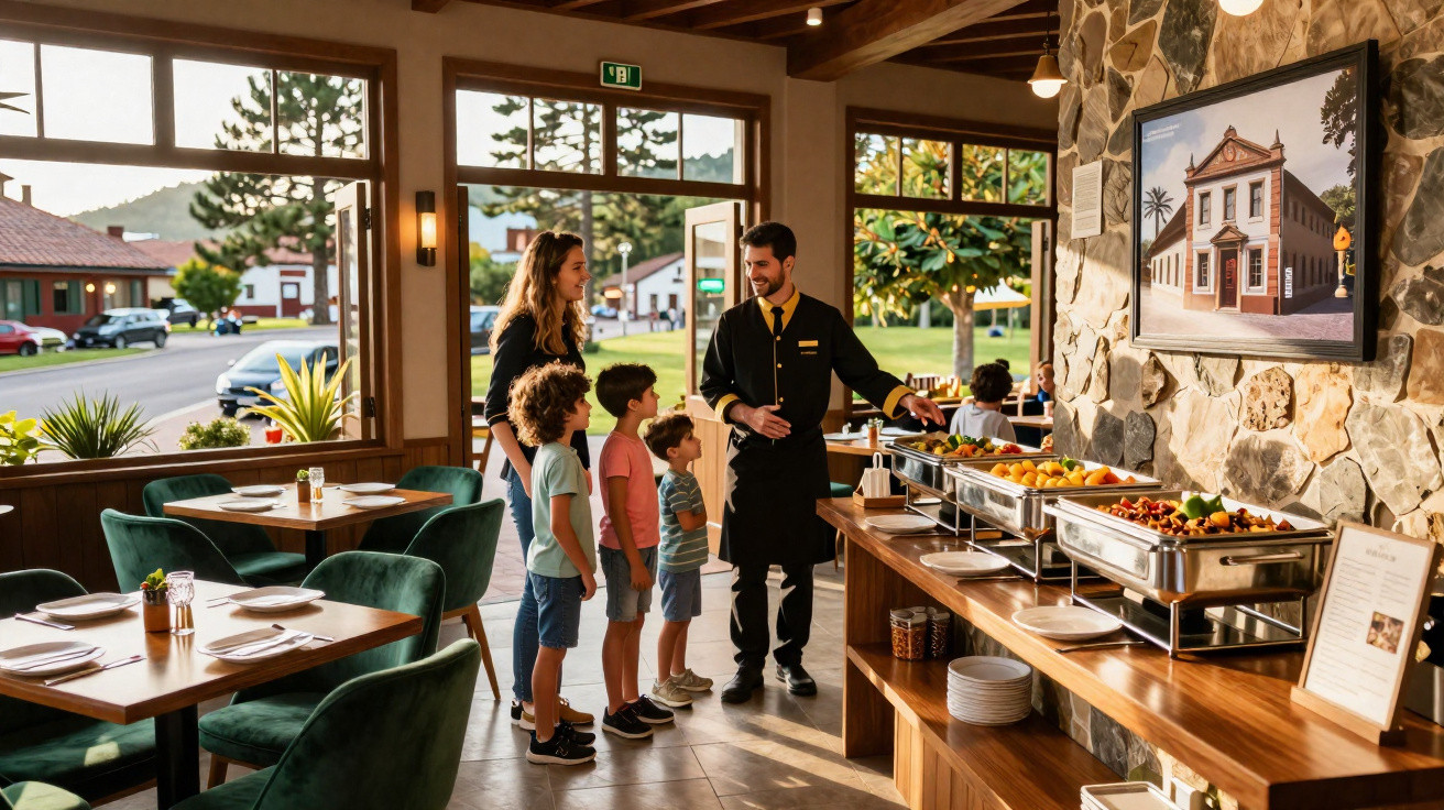 Crianças e mulher observam empregado de restaurante servir comida num buffet em ambiente acolhedor e iluminado.
