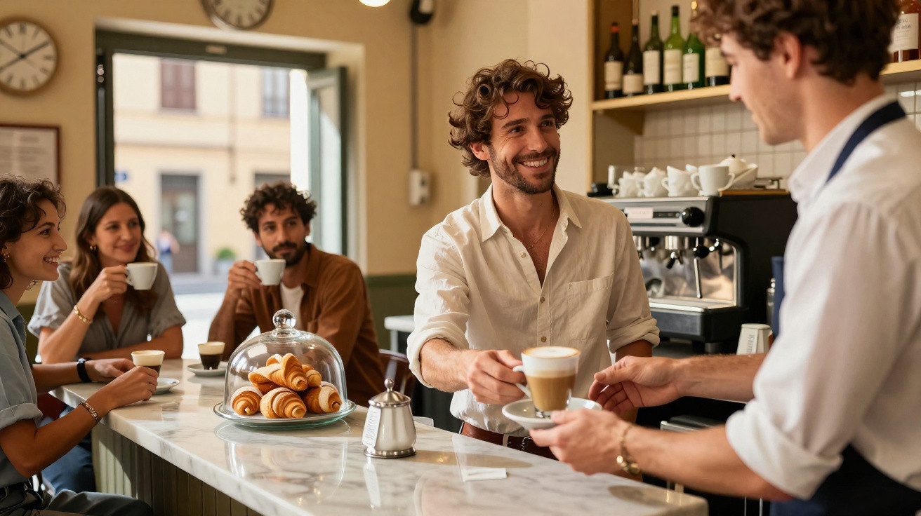 Homem sorri ao receber café servido por barista numa cafeteria com três pessoas sentadas no balcão.