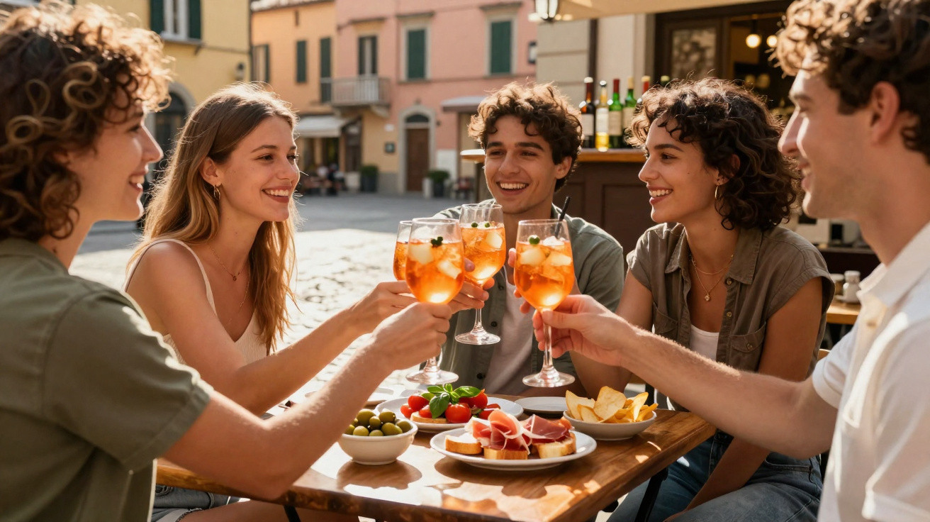 Grupo de amigos a brindar com cocktails e tapas numa esplanada ensolarada numa rua pitoresca.