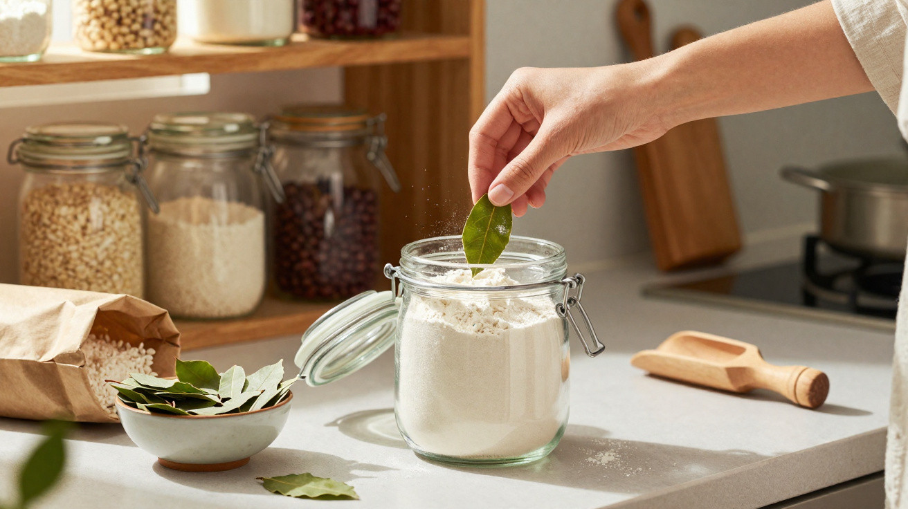 Mão a colocar folha de louro num frasco de vidro com farinha numa bancada de cozinha com ingredientes.