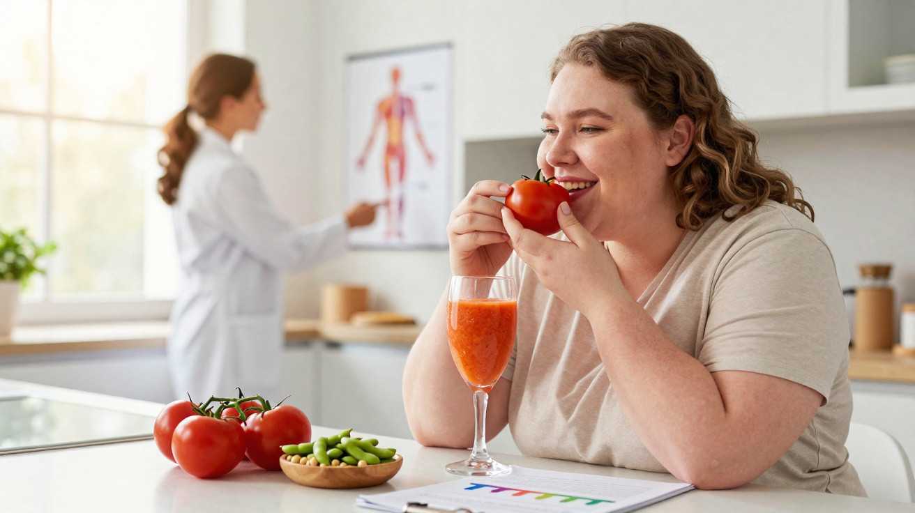 Mulher a sorrir segurando um tomate, com um sumo de tomate à frente, enquanto uma médica aponta um gráfico no fundo.