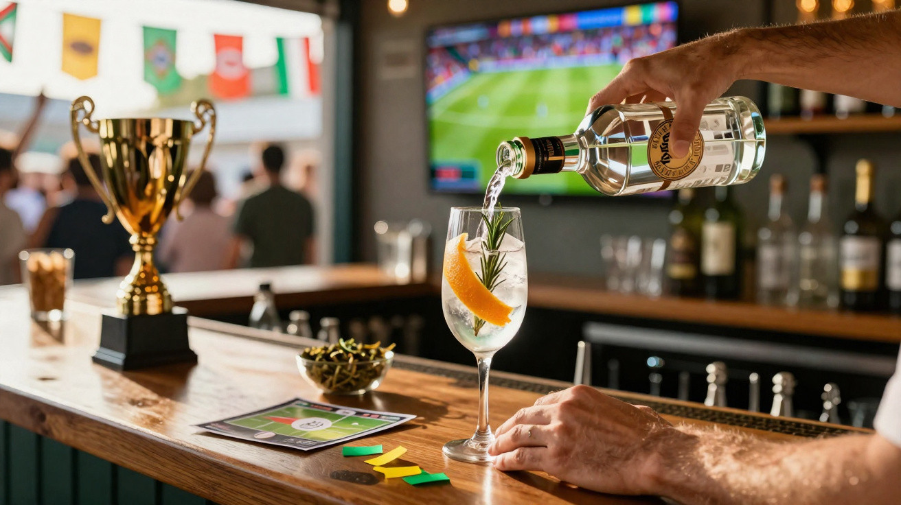 Pessoa a servir bebida num copo alto com decoração cítrica num bar com troféu e televisão com jogo de futebol.