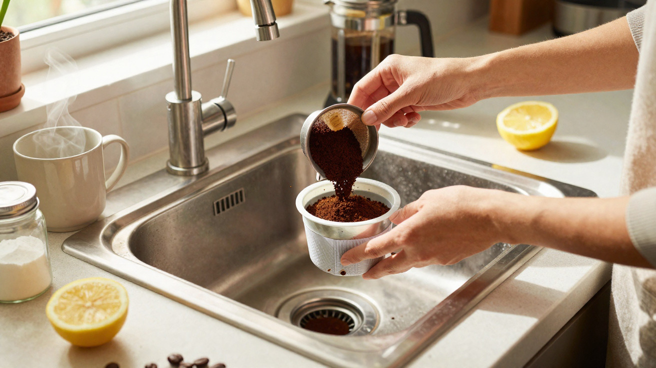 Mãos despejam borra de café num filtro sobre a pia de cozinha com utensílios e limão ao redor.