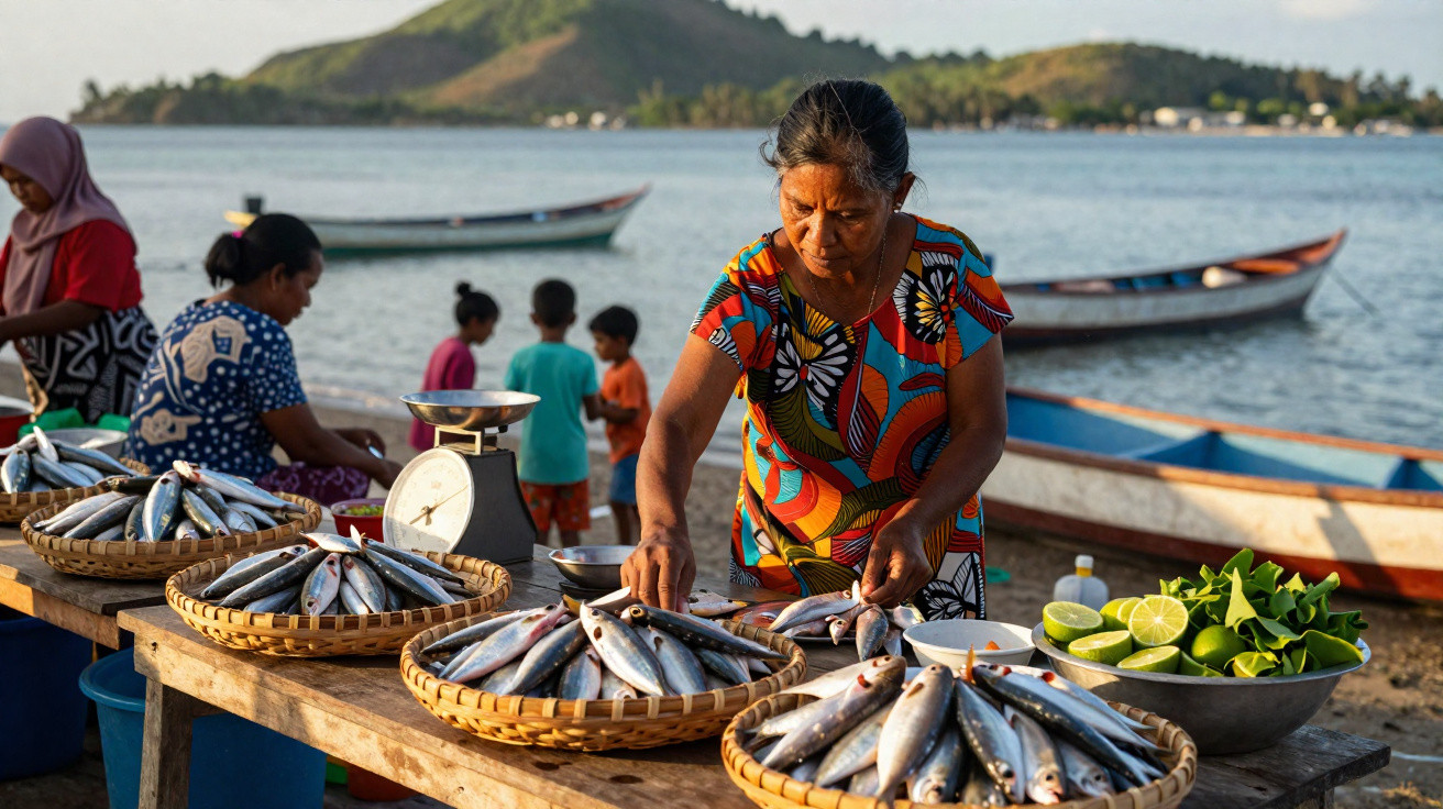Mulher a vender peixe fresco em cestos junto ao rio com barcos e pessoas ao fundo numa vila costeira.