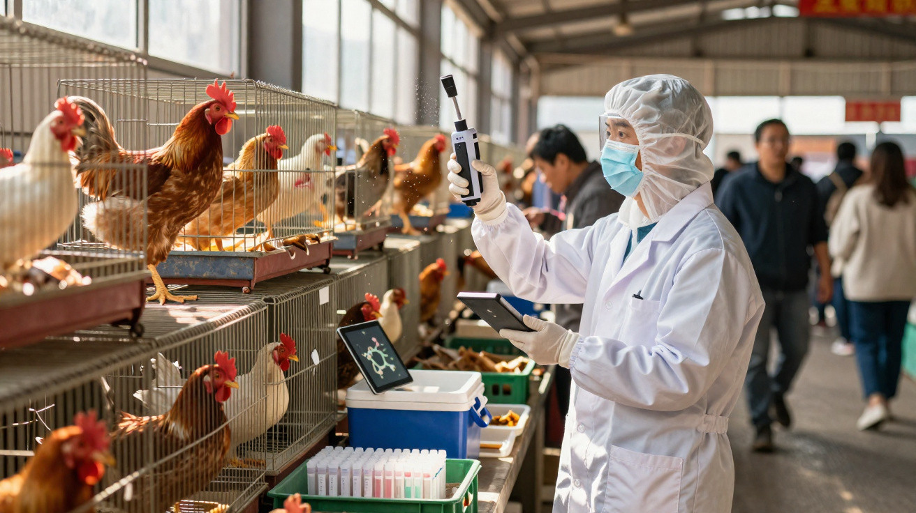 Técnico de laboratório em proteção completa inspeciona galinhas em viveiros dentro de instalação avícola.