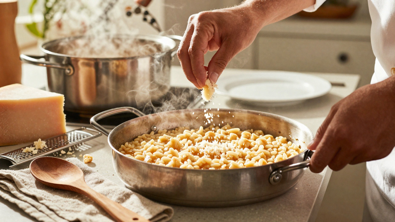 Pessoa a polvilhar queijo ralado sobre massa numa frigideira na cozinha.