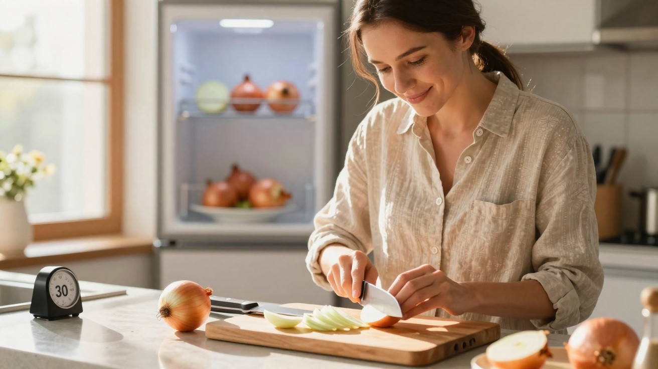 Mulher a cortar cebola numa tábua de madeira numa cozinha luminosa e moderna.