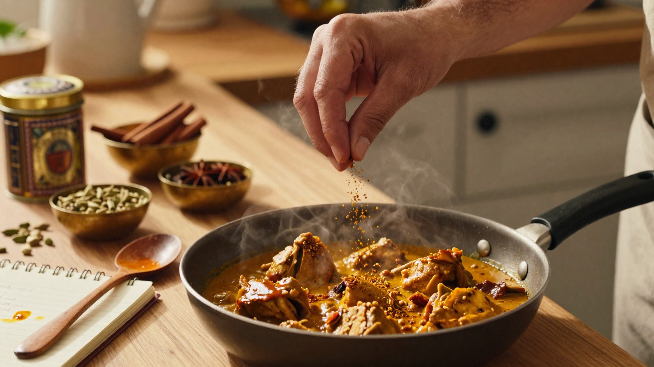 Mão polvilhando especiarias num prato fumegante de frango cozinhado num tacho na cozinha.