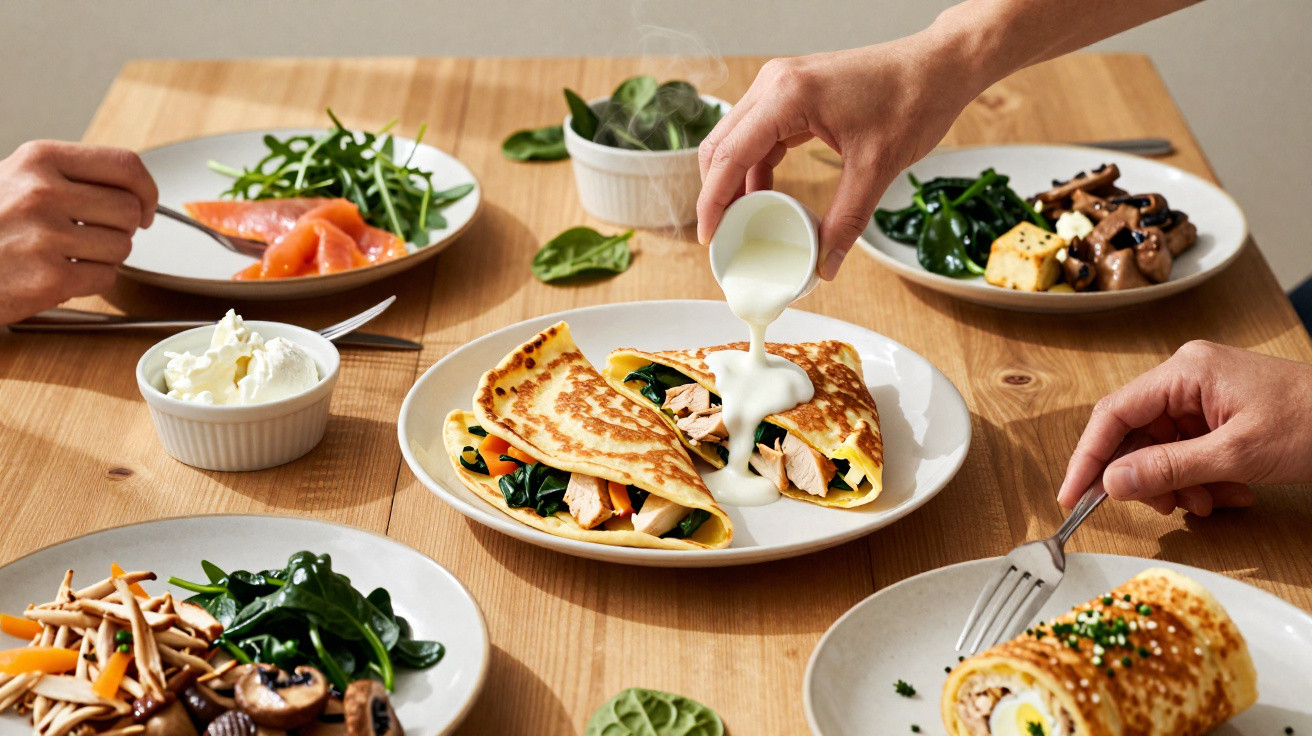 Mesa de madeira com várias refeições de crepes e saladas, uma mão a verter molho branco num crepe.