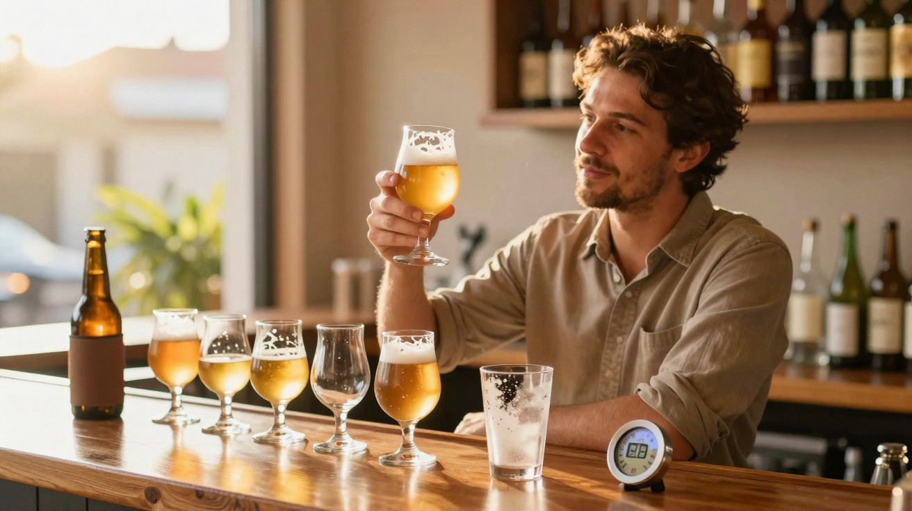 Homem sentado num bar a apreciar diferentes copos de cerveja, com garrafas e relógio digital na bancada.