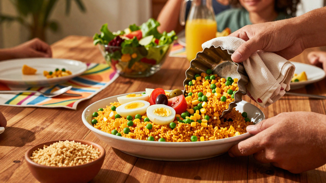 Prato com cuscuz, ervilhas, milho, ovos cortados e tomate a ser servido numa mesa de madeira.