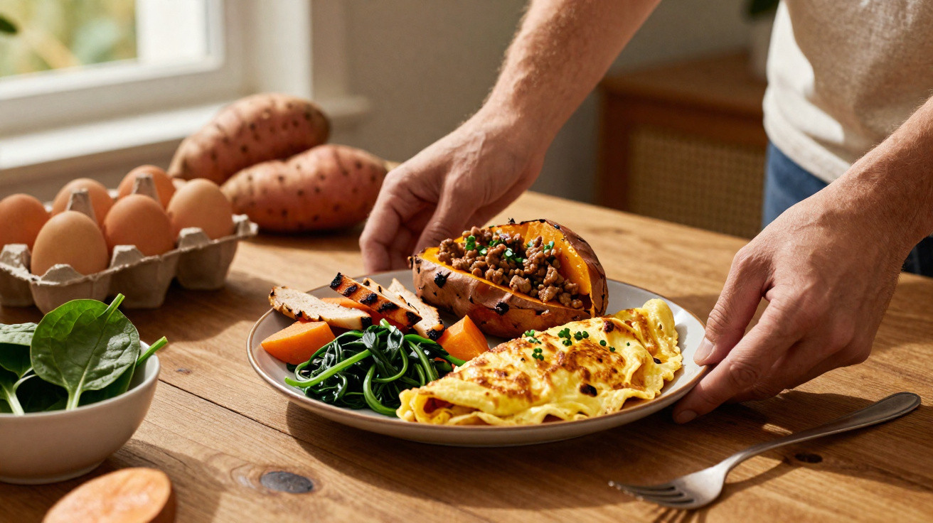 Prato com omelete, batata-doce recheada com carne, espinafres e legumes numa mesa de madeira.