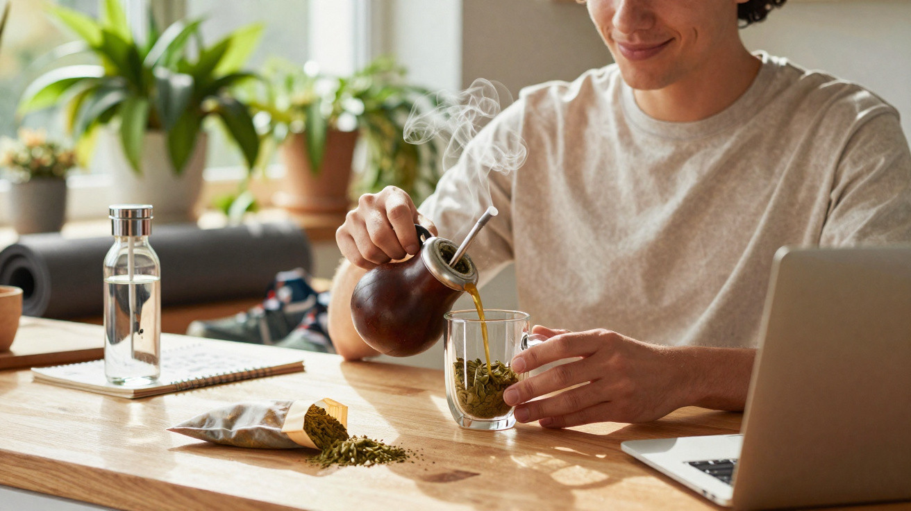 Pessoa a servir chimarrão num copo ao lado de computador, com plantas e bloco de notas na mesa.