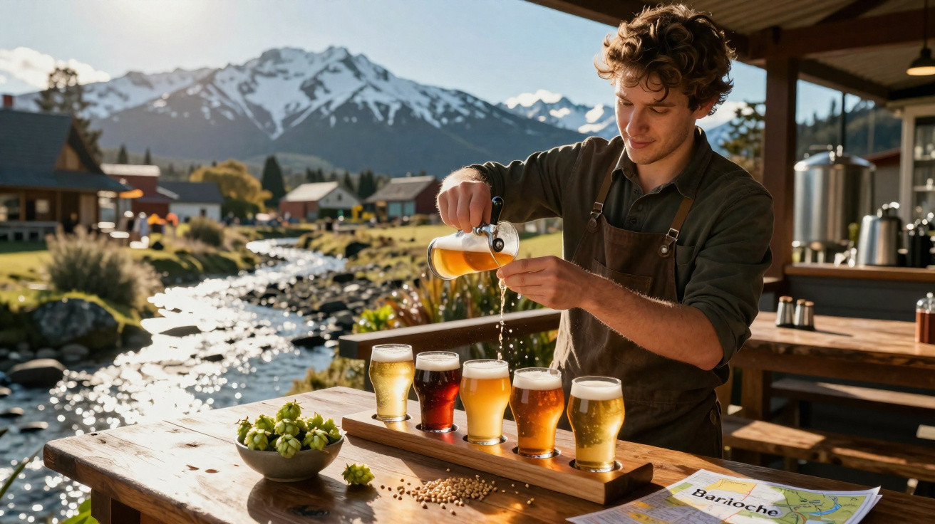 Homem a servir cerveja artesanal ao ar livre com montanhas e rio ao fundo numa tarde ensolarada.