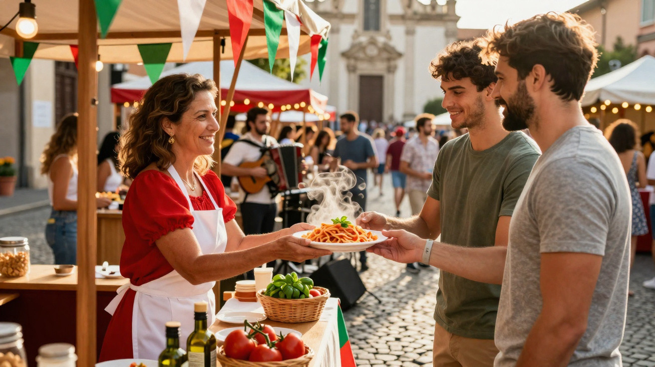 Mulher serve prato de esparguete fumegante a dois homens em feira de rua com decoração italiana.