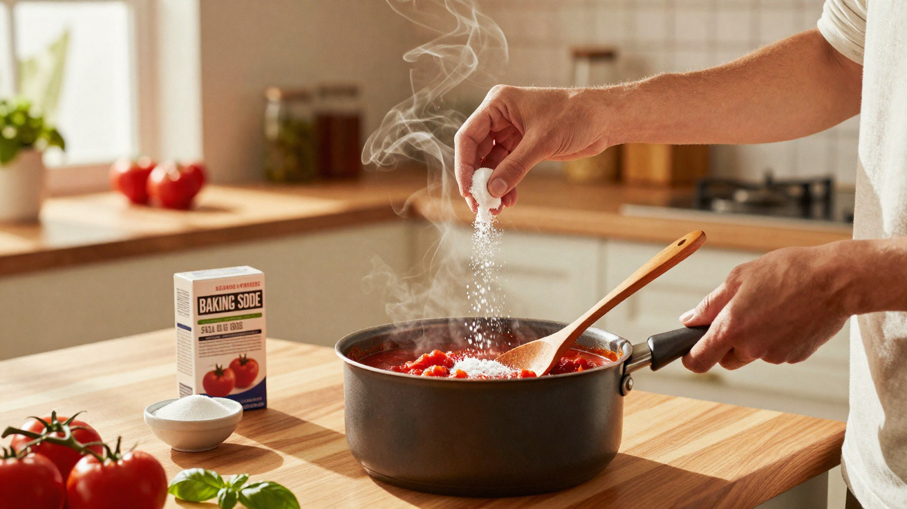 Pessoa a temperar molho de tomate numa panela numa cozinha luminosa.