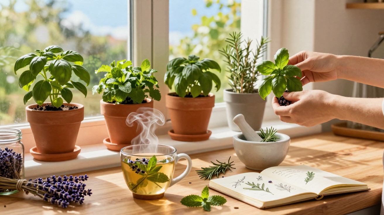 Mãos a cuidar de plantas aromáticas em vasos, chá de ervas na mesa e livro aberto com desenhos botânicos.
