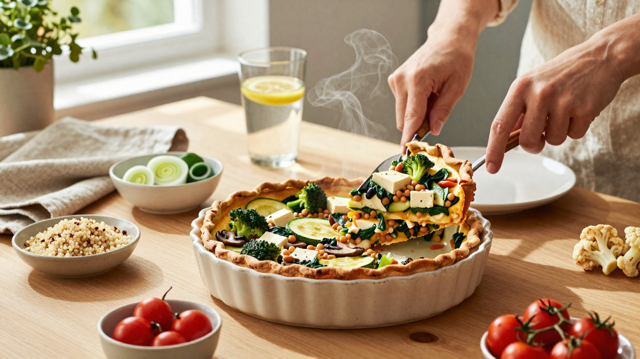 Pessoa a servir uma fatia quente de tarte de legumes com brócolos, queijo e espinafres numa mesa de madeira.