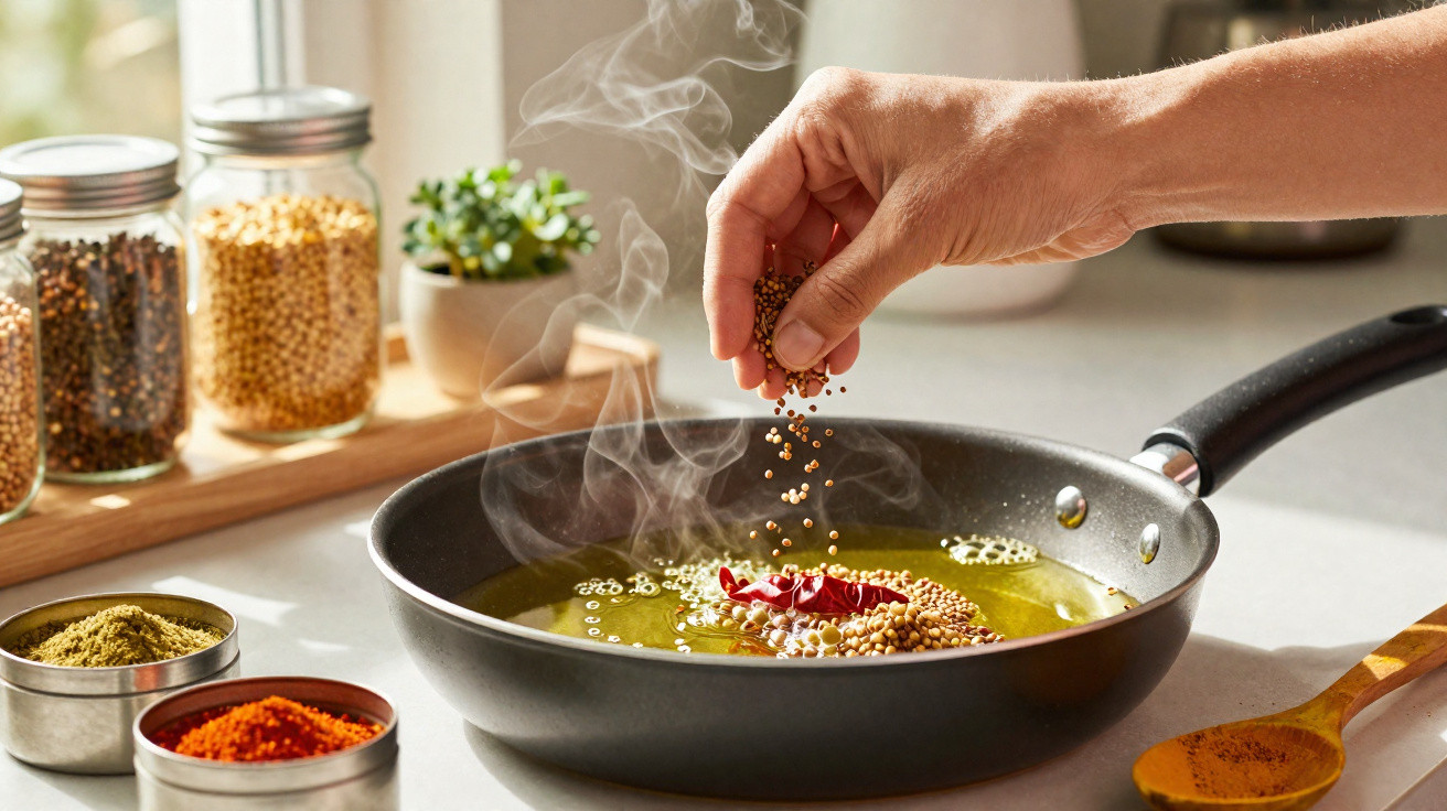 Mão a adicionar sementes aromáticas numa frigideira com óleo e especiarias, com vapor a subir.