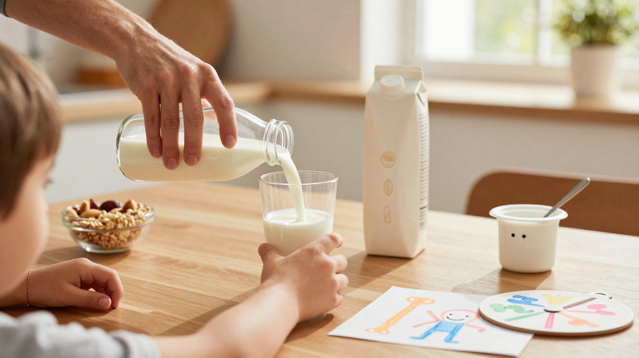 Pessoa a servir leite num copo para uma criança sentada à mesa com lanche e desenhos.