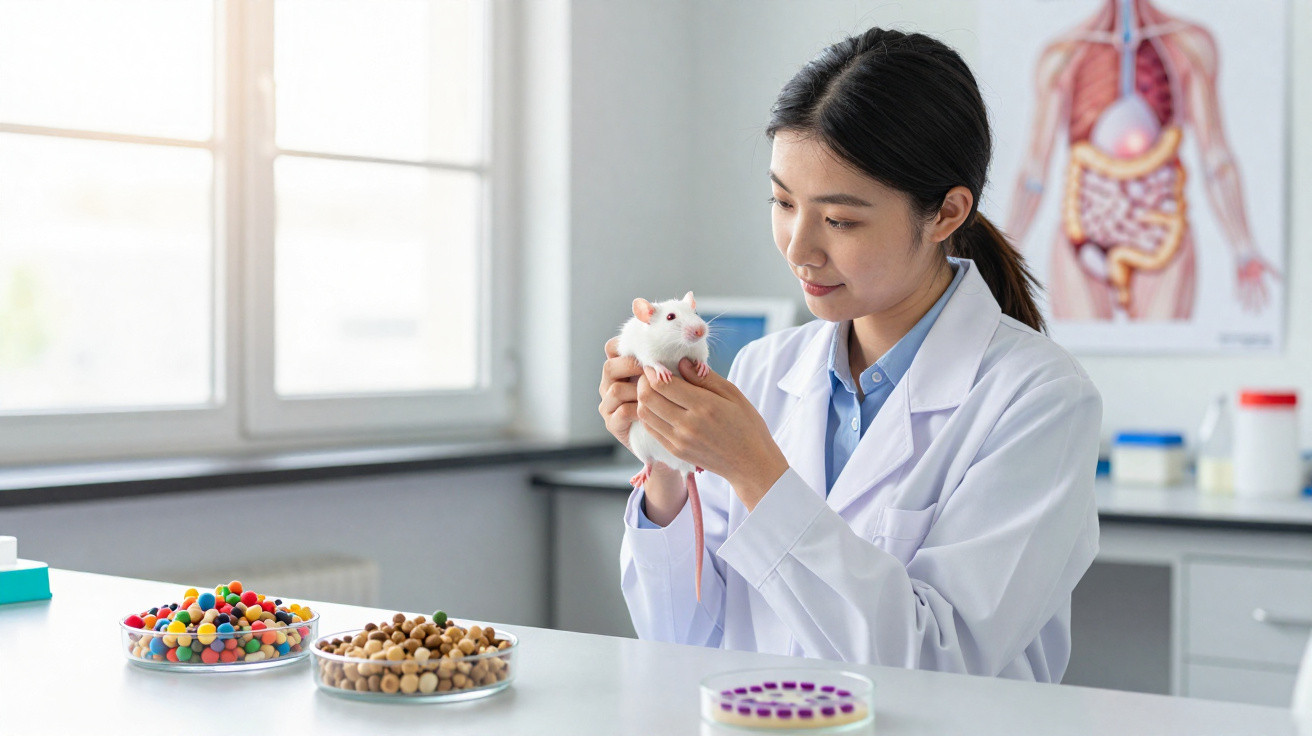 Cientista com bata branca segura rato branco em laboratório com pratos de ração e amostras.