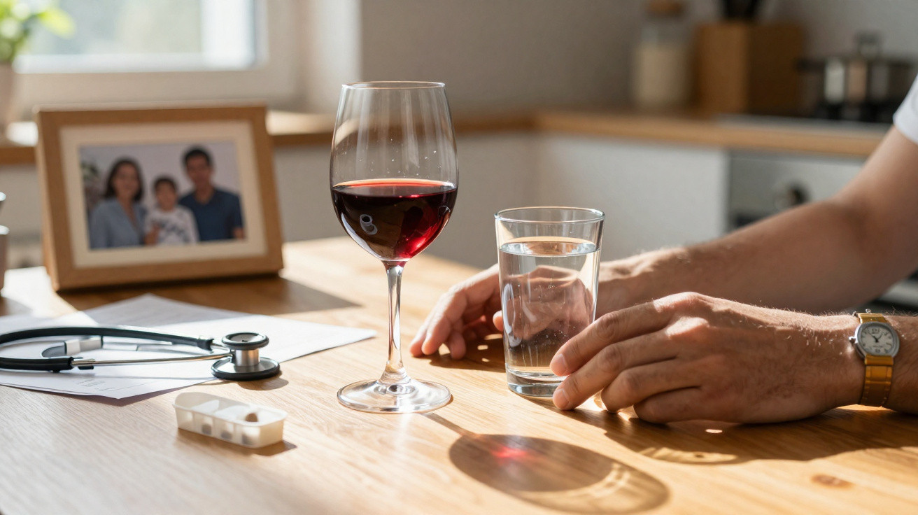 Mãos ao lado de copo de água e de copo de vinho tinto, com medicamentos e estetoscópio numa mesa de madeira.