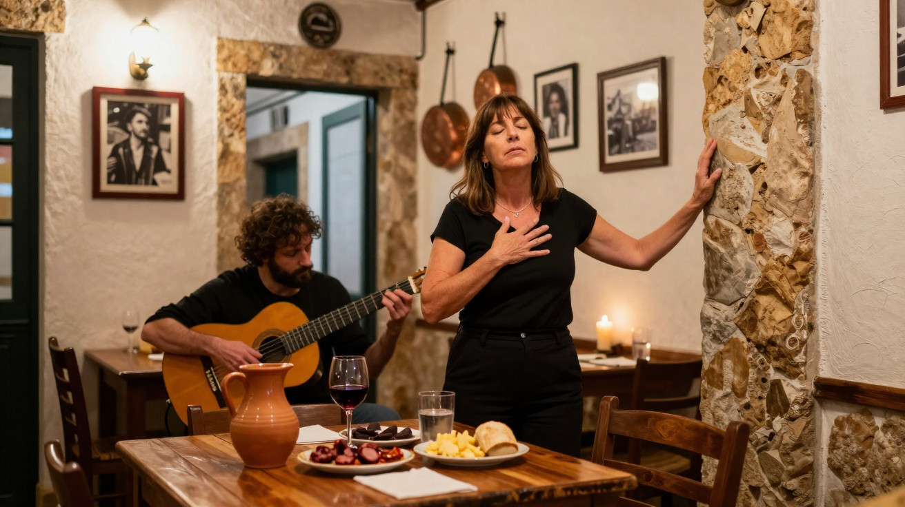 Homem toca guitarra enquanto mulher canta com olhos fechados num ambiente rústico com comida na mesa.