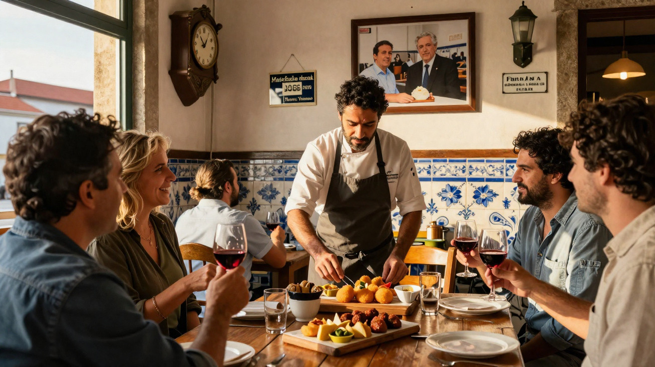 Grupo de pessoas a jantar num restaurante português com pratos tradicionais e vinho tinto.