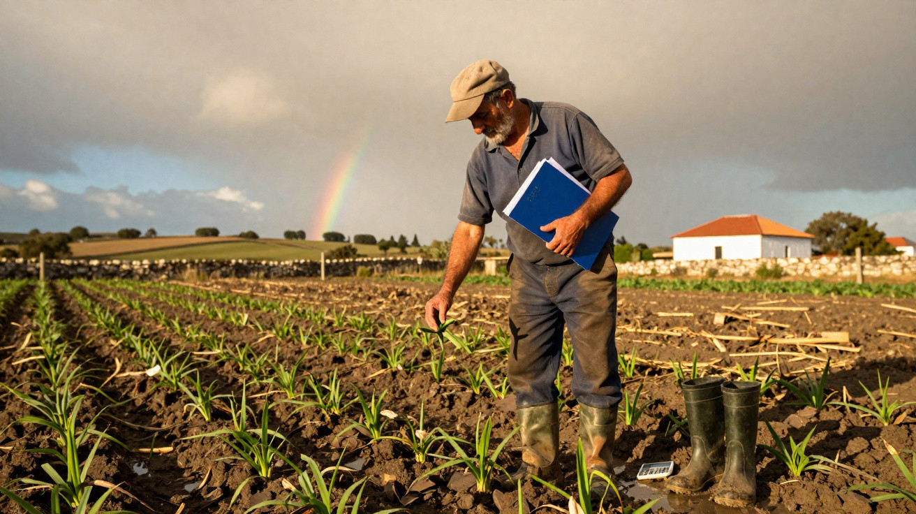 Homem com pasta azul verifica planta jovem numa plantação com arco-íris ao fundo, em ambiente rural.
