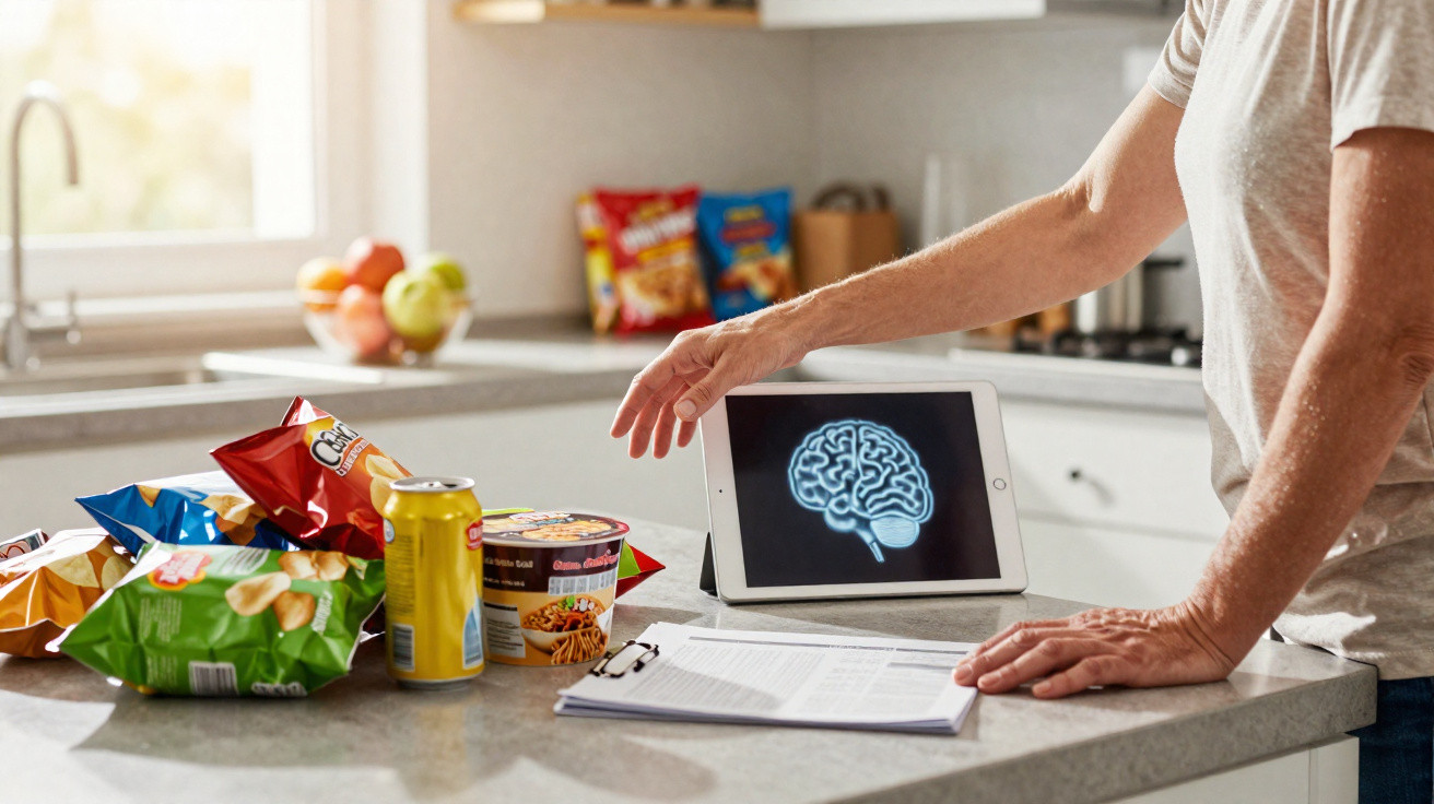 Pessoa a apontar para um tablet com imagem de cérebro numa cozinha, rodeada por snacks e livros abertos.