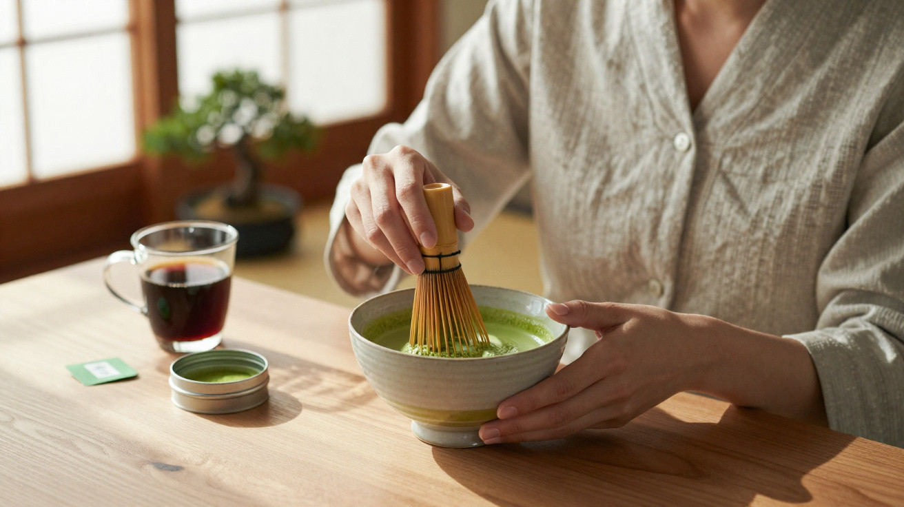 Pessoa a preparar chá matcha com batedor de bambu numa tigela, com chá numa chávena ao lado.