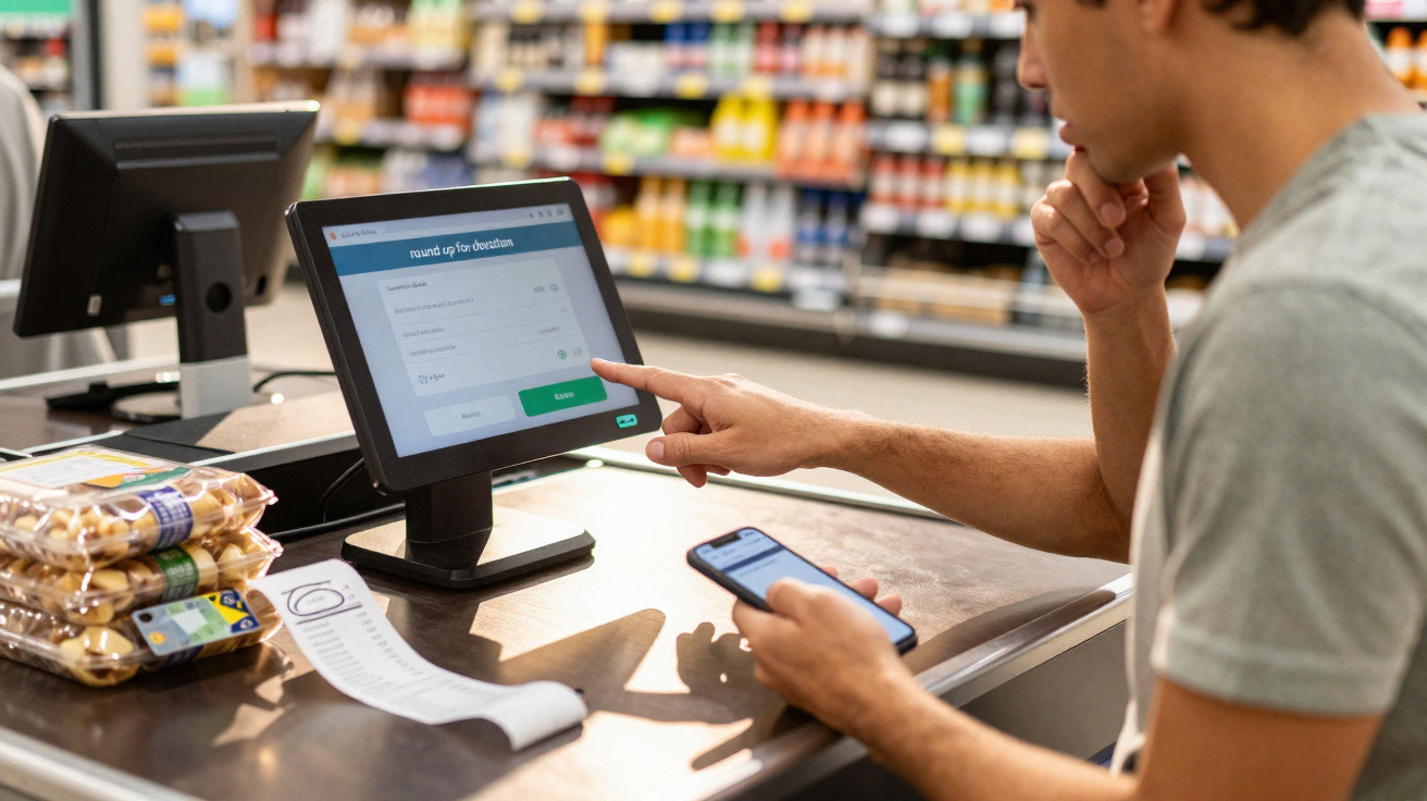 Homem usa ecrã tátil e smartphone para pagamento numa caixa de supermercado com produtos embalados.