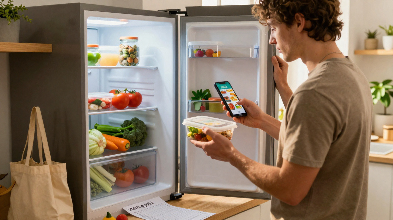 Homem usa telemóvel para verificar receitas enquanto segura marmita junto ao frigorífico aberto com alimentos frescos.