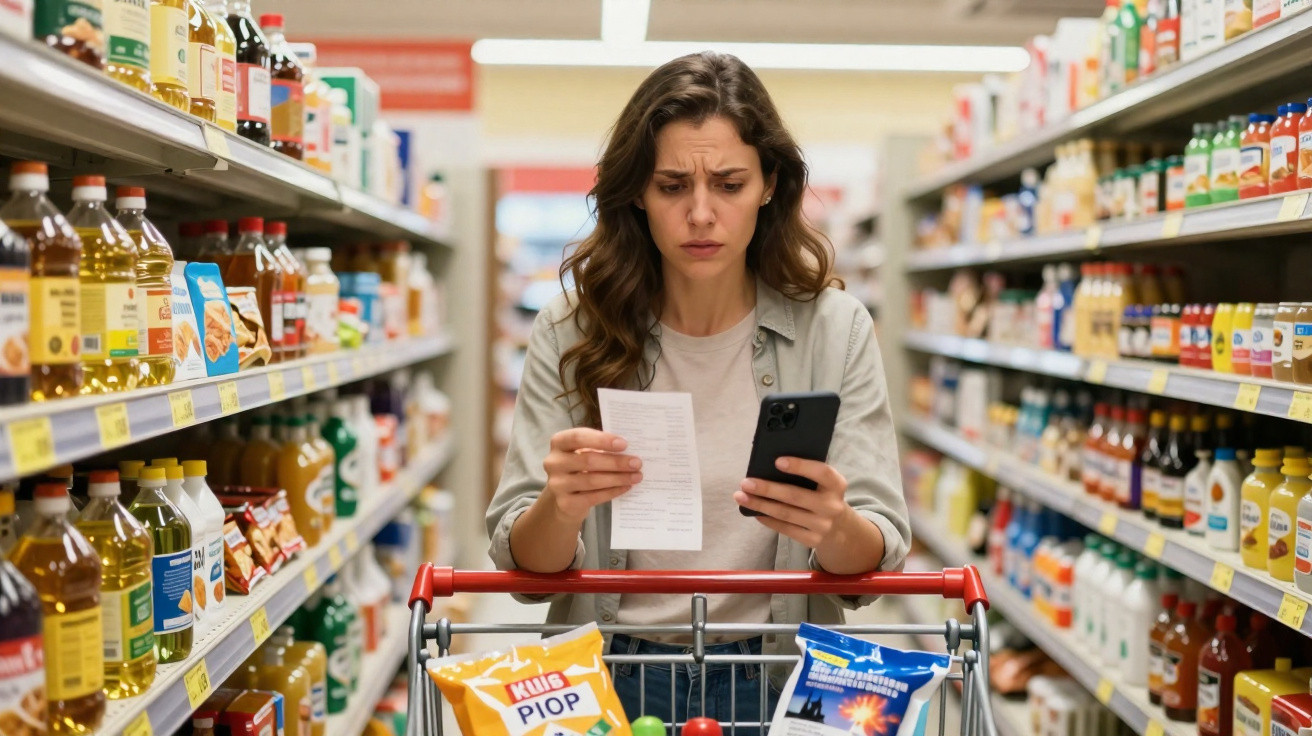 Mulher preocupada consulta lista de compras e telemóvel num corredor de supermercado cheio de produtos.
