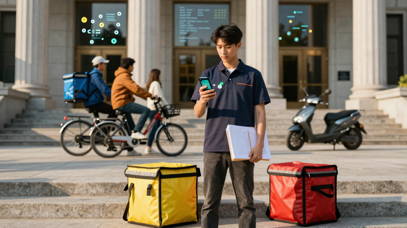 Jovem em pé consulta telemóvel entre duas bolsas térmicas de entregas em frente a edifício público.