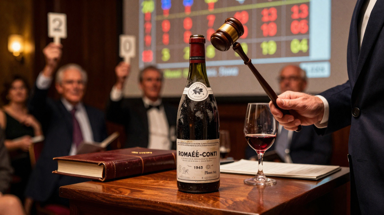 Leilão de vinho Romée-Conti de 1945 com licitadores a levantar placares e martelo a bater na mesa.