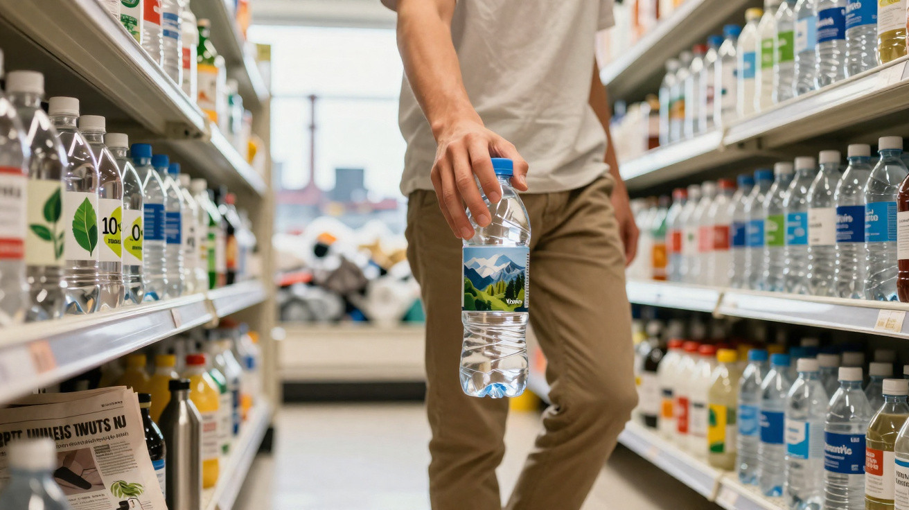 Pessoa a segurar garrafa de água mineral numa prateleira de supermercado com bebidas variadas.
