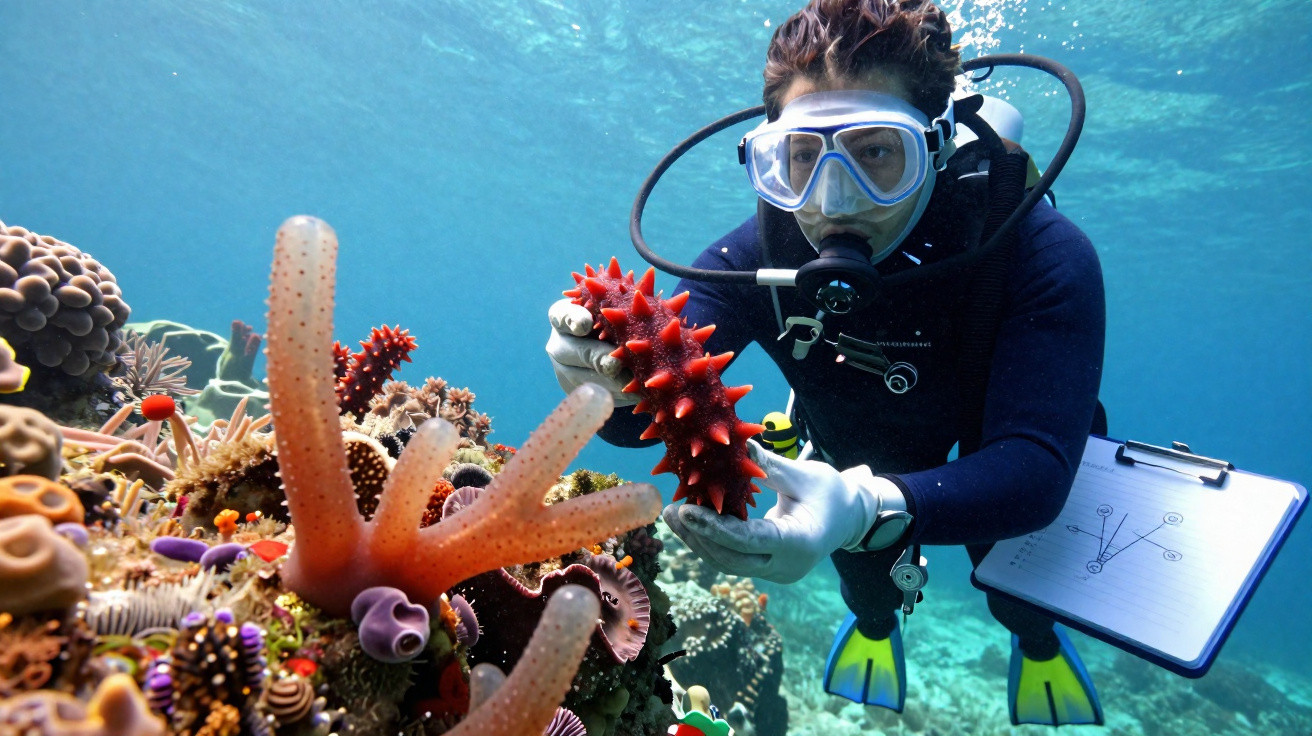 Mergulhador a estudar e segurar uma pepino-do-mar vermelho num recife de coral subaquático.