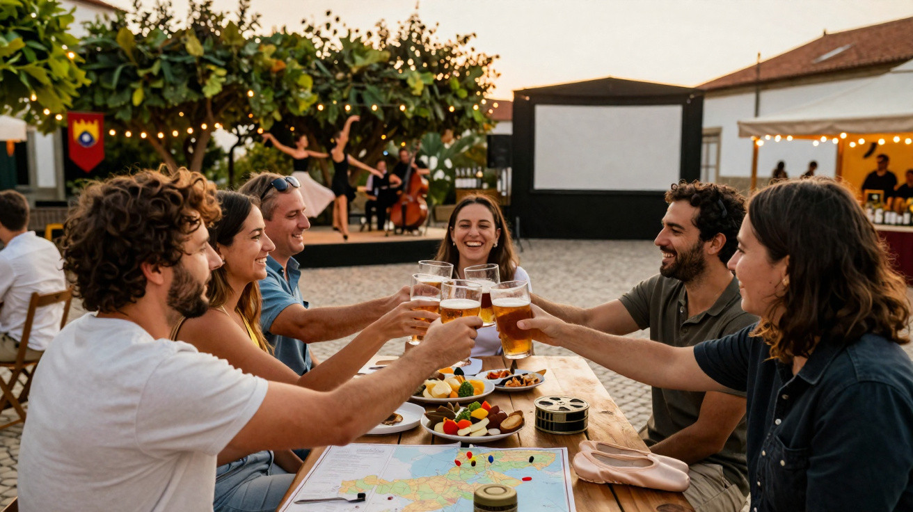 Grupo de amigos brinda com cervejas ao ar livre, com petiscos na mesa e música ao fundo ao pôr do sol.