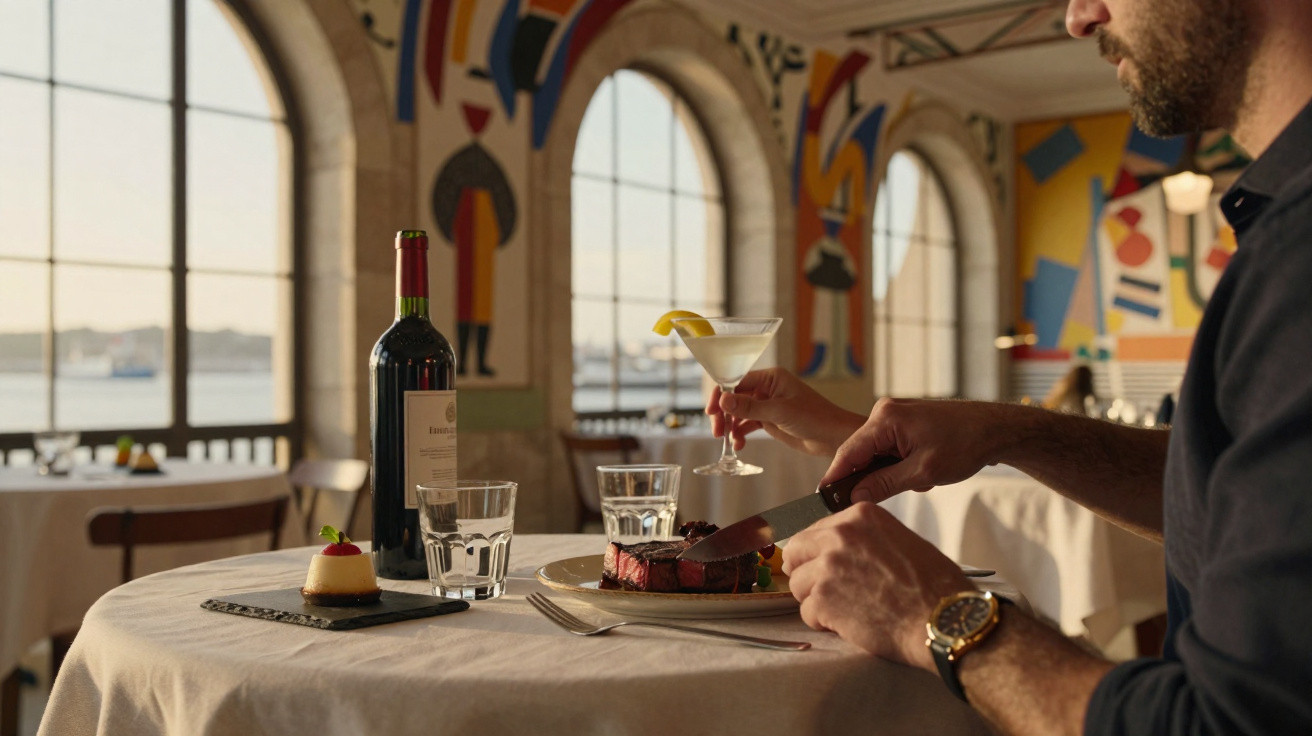 Homem a cortar bife e segurar cocktail numa mesa com garrafa de vinho num restaurante junto à janela.